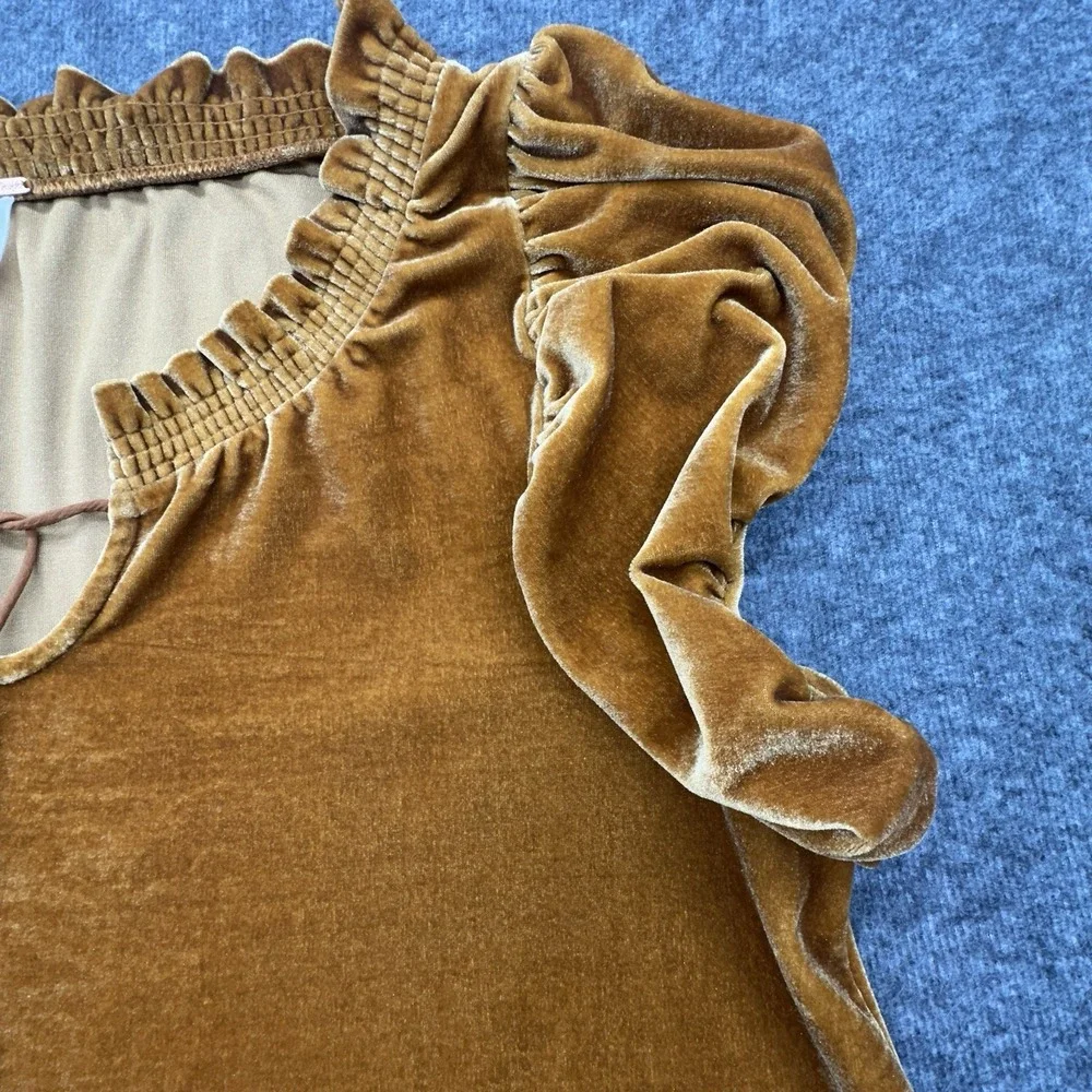 Free People XS Mustard Velvet Puff Sleeve Boho Top Ruched Neck Tie Front Stretch